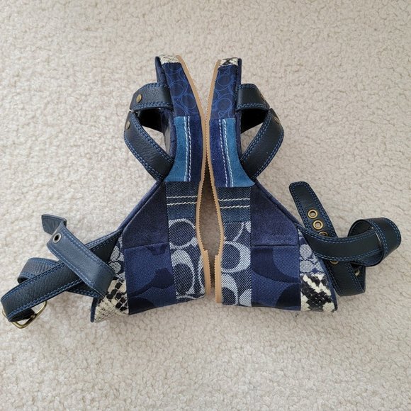 Coach Kallista Patchwork Wedges Indigo Blue Multi C Logo Size 5 NEW - Picture 1 of 6